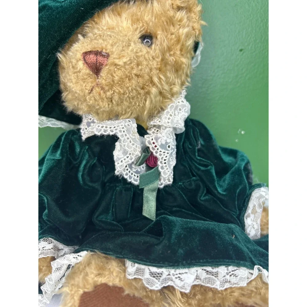 Fine Toy Bernadette Teddy Bear Green Velvet Victorian Dress Lace Bonnet Plush